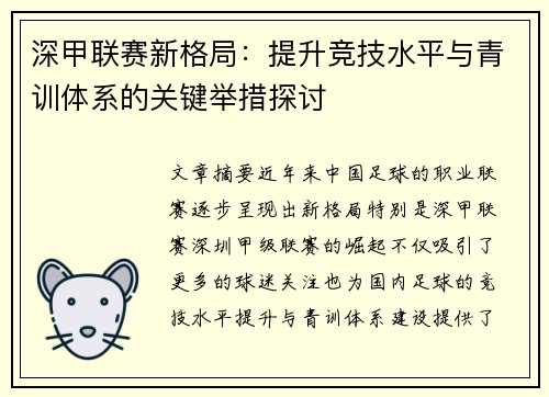 深甲联赛新格局:提升竞技水平与青训体系的关键举措探讨